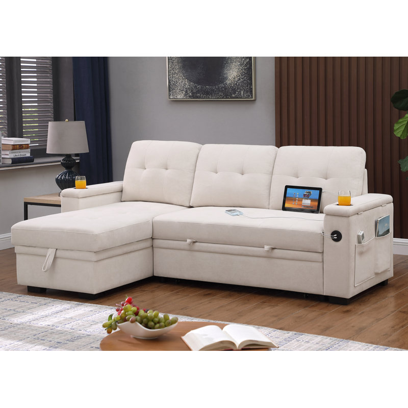 Ashlyn II 84-inch Reversible Sleeper Sectional Sofa with Storage Chaise, Storage Arms, Cup Holders, USB & USB-C Charging Ports, Side Pockets, Pocket Coil Seating, Beige Woven Fabric