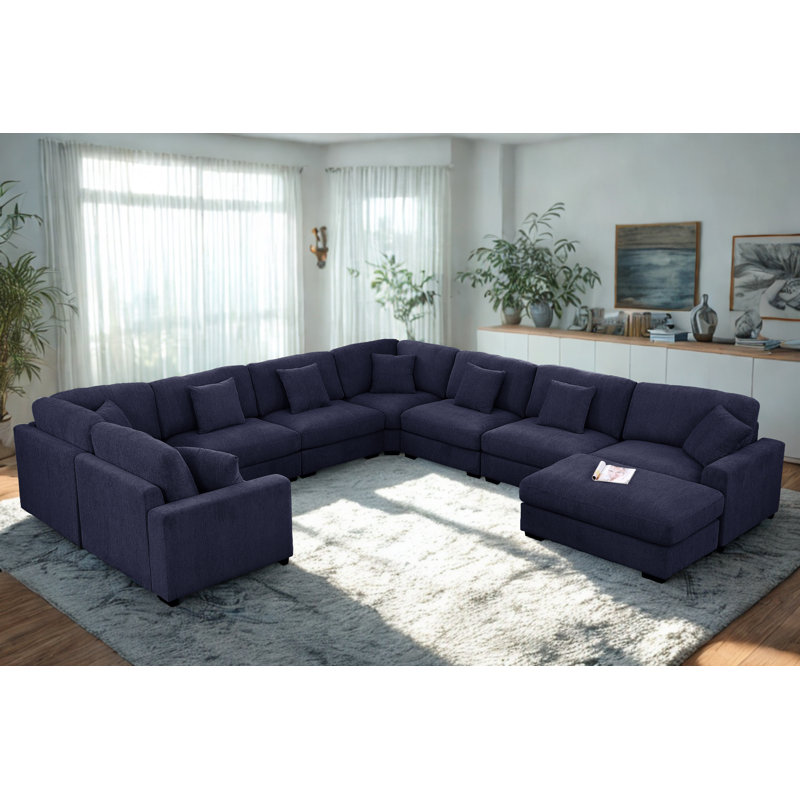 Canapé Agey Degeorge de style moderne à 8 places avec repose-pieds Avery, Polyester bleu / mélange de polyester
