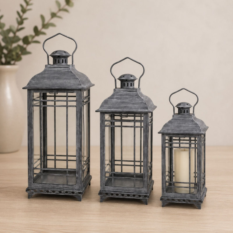 3 Piece Metal Lantern Set, 20" H x 8.5" W x 8.5" D, White Gray