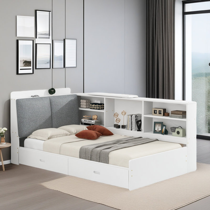 Lit plateforme avec tête de lit tapissier et rangement, planche rotative, tablettes de rangement et 2 tiroirs, Blanc