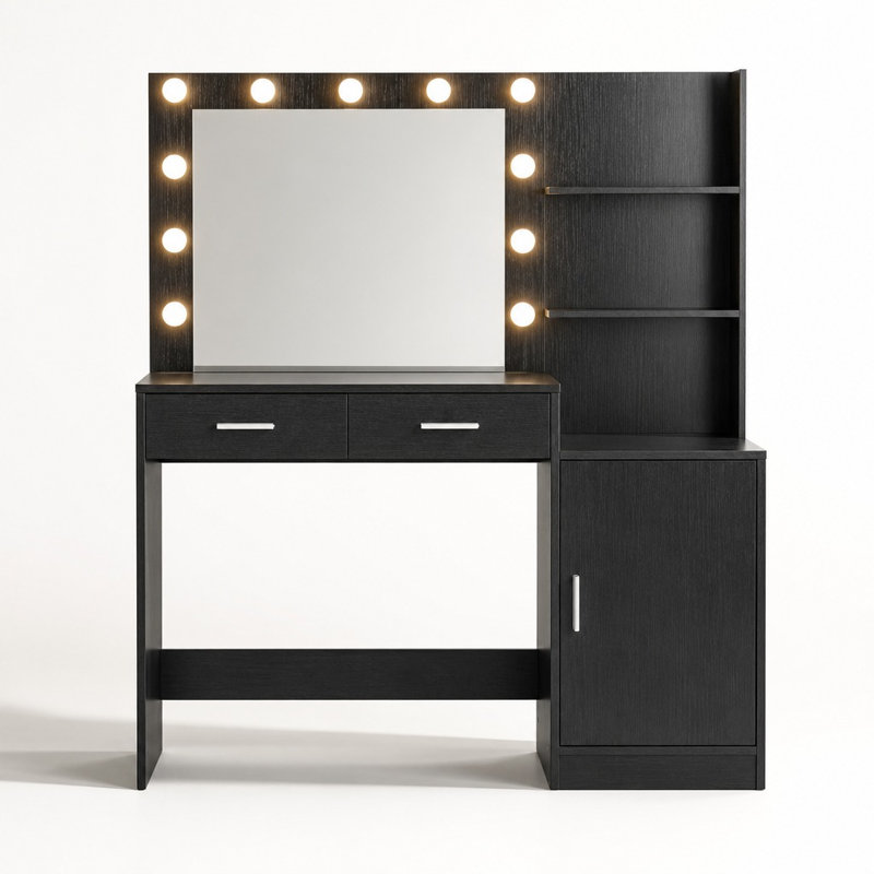 Meuble-lavabo avec miroir intégré et lumières DEL réglables, coiffeuse avec 2 tiroirs de rangement spacieux, grand compartiment de rangement vertical, étagère à 3 niveaux et 3 modes d'éclairage personnalisables avec luminosité à intensité variable