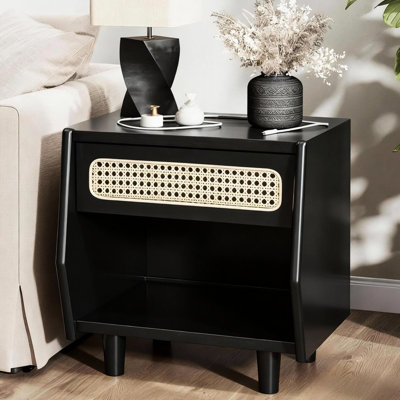 Table de chevet noire avec tiroir à panneau et bois massif, option de rangement pour chambre à coucher moderne, hauteur 18,5 po, largeur 18,9 po, profondeur contemporaine de 15,7 po et tiroir pour la décoration de chevet, haut, large, profond
