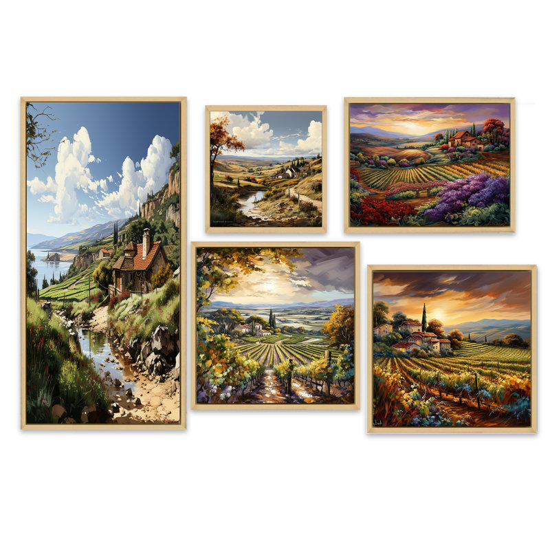 «Vineyard Charm Landscape», ensemble d'art mural sur toile Vineyard, Cadre flottant brun