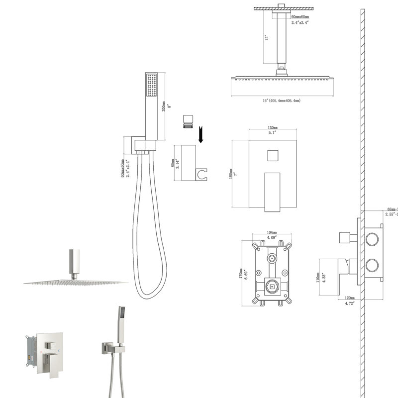 Brushed Nickel 16 Inch Dual Shower Head, Ceiling Mounted Appearance Head With Mount In