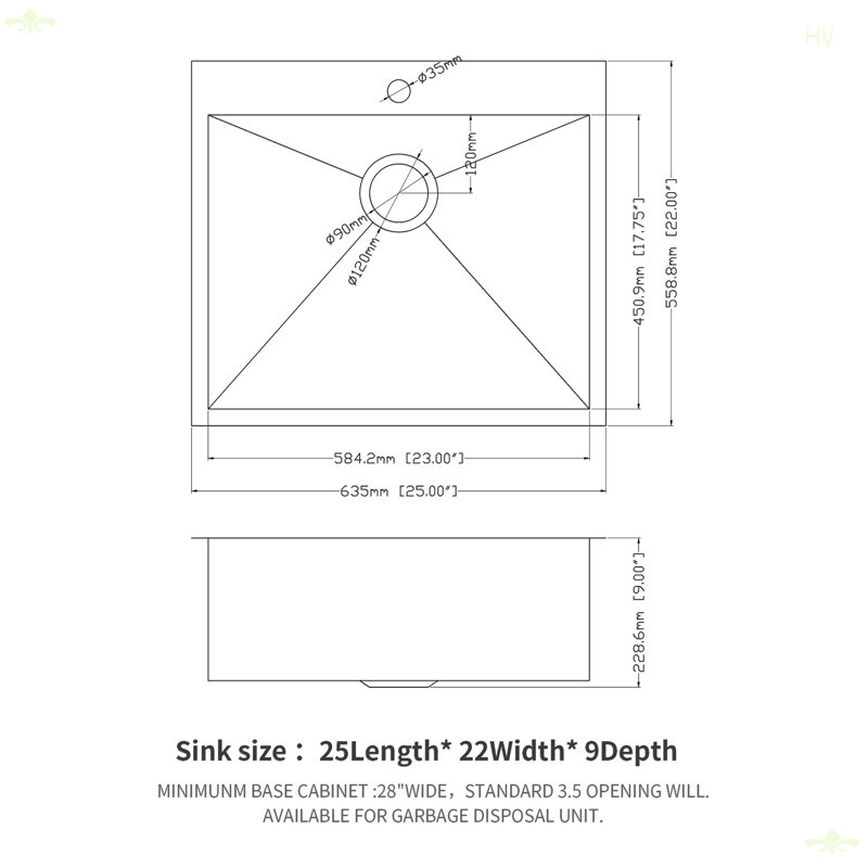 Évier de cuisine 25 po x 22 po x 9 po à cuve simple en acier inoxydable de calibre 18 25 po