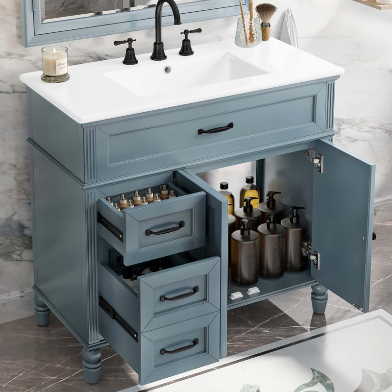 Meuble-lavabo 36 po avec lavabo, armoire de salle de bain avec tiroirs, structure solide et panneau de fibres à densité moyenne, deux ensembles, gris-bleu