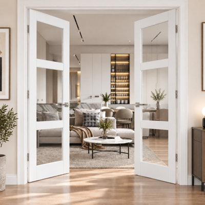Solid French Double Doors Clear Glass 3 lites Lucia 2555 White Silk Wood Solid Panel Frame Trims Closet Bedroom Sturdy Doors 72 x 96 (2* 36x96) Clear Glass