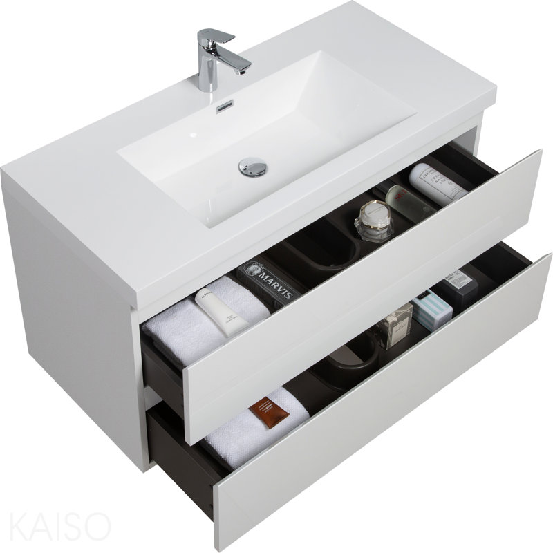 Meuble-lavabo mural 42 po avec lavabo, meuble-lavabo mural avec lavabo à surface solide et tiroirs à fermeture en douceur entièrement assemblés, gris cendré