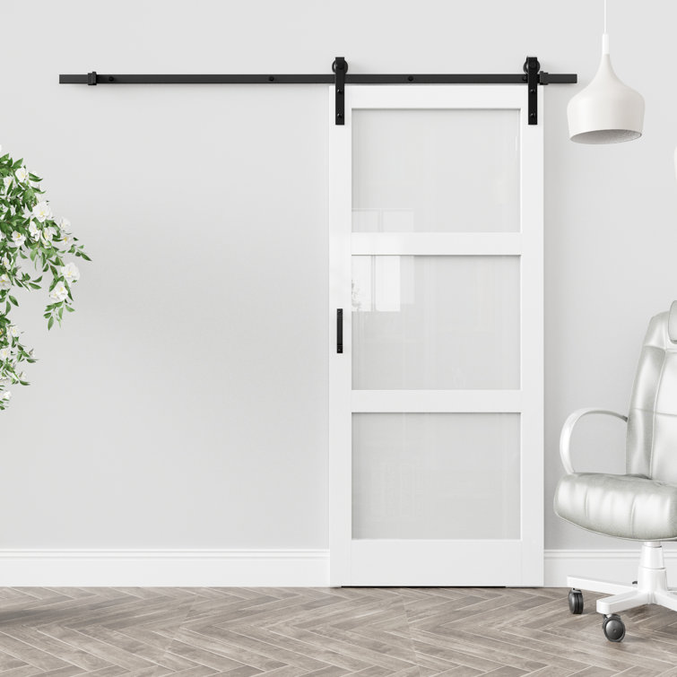 3-Lite Frosted Glass and  Wood Sliding Barn Door with Installation Hardware Kit