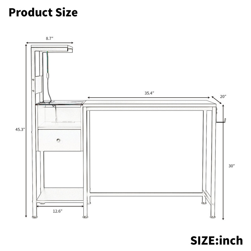 Brown Computer Desk With Charging Station & Shelf Space, Reversible Alignment, Construction, Led Lights, Ports, Headphone Hook Supplement For Office Work And Home Use, Brown, Power Outlet Shelves,