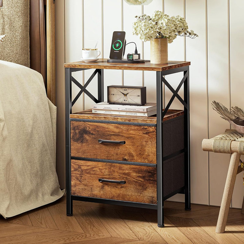 Table de chevet, ensemble de 2 tables de chevet modernes avec 2 tiroirs, tablette ouverte et station de charge USB-C [Brun rustique] - [Bois / Moderne / Table de chevet]