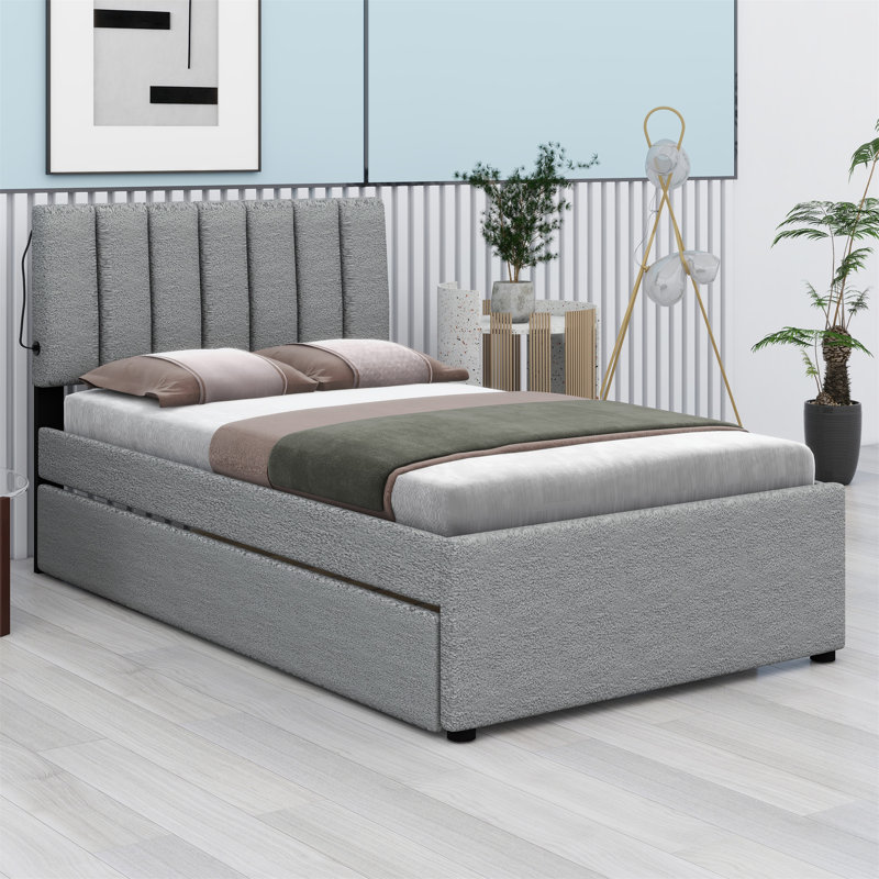 Upholstered Platform Bed With Trundle, Gray