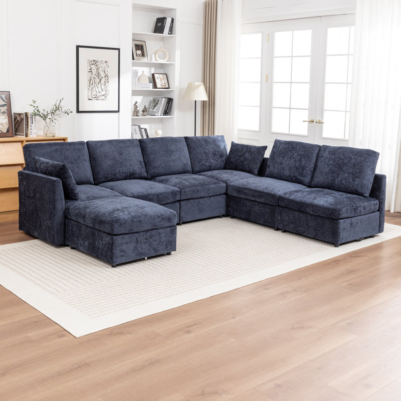 Canapé modulaire rembourré en U avec repose-pieds de rangement 7 pièces Miller, Bleu
