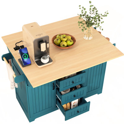 55.7" Kitchen Island With 2 Drop Leaf, Rolling On 5 Wheels, Power Supply, Folding Storage Table And Style, Feature, Charging Station, 3 Drawers, For Use