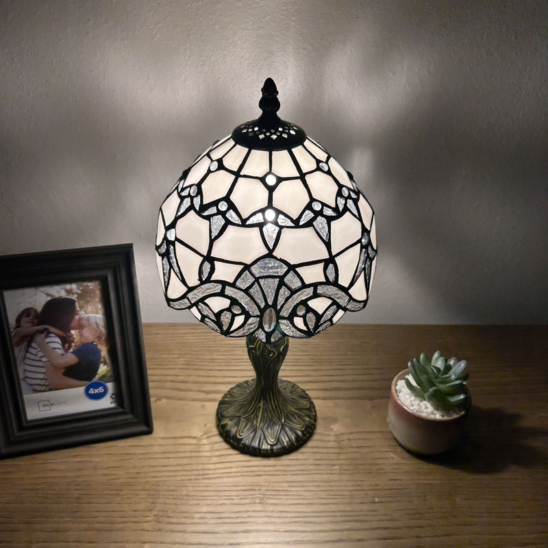 White Stained Glass Baroque Style Mini Table Lamp with Bronze Base