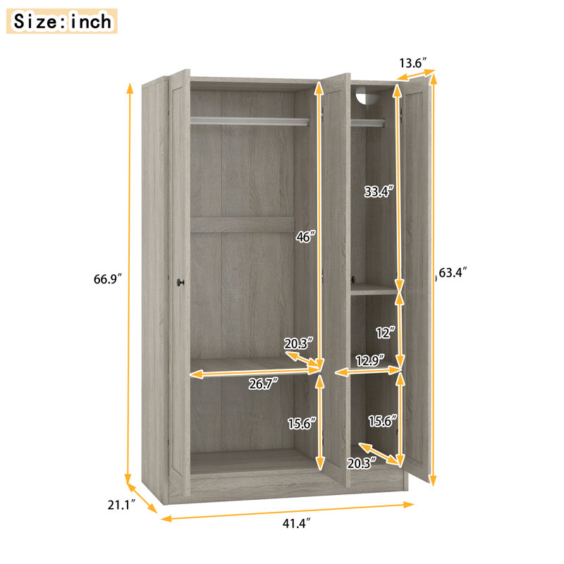 Garde-robe à 3 portes avec étagères - Armoire de rangement grise pour vêtements et accessoires