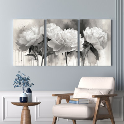 Pivoine noire et blanche, art floral sur toile, ensemble de 3 reproductions de peintures à l'huile