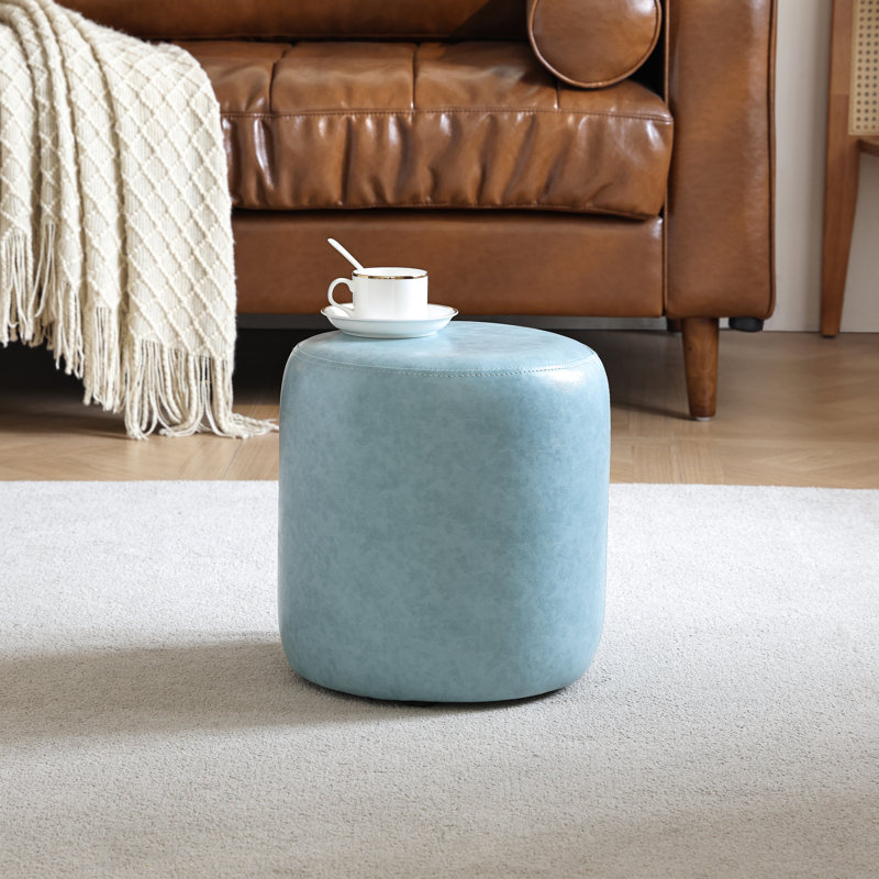 30cm Small Round Faux Leather Upholstered Ottoman, Turquoise