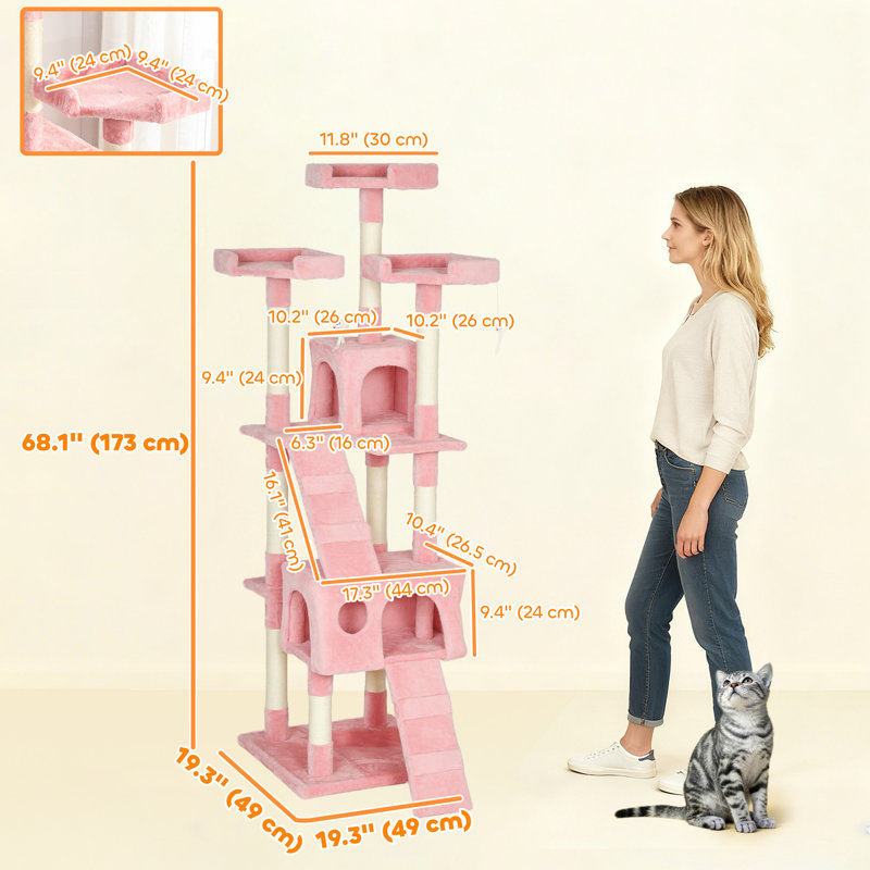 Arbre à chat 68 pouces, grande tour à chat multi-niveaux, rose