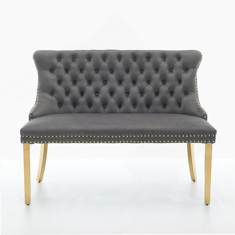 Velvet Double Dining Loveseat Bench, Kitchen & Dining Seating, 2-Seat Tufted Bench W/Handmade Buttons, Wing Back, Gold-Plated Steel Legs, Mid Century Modern,Single Pack,Gray