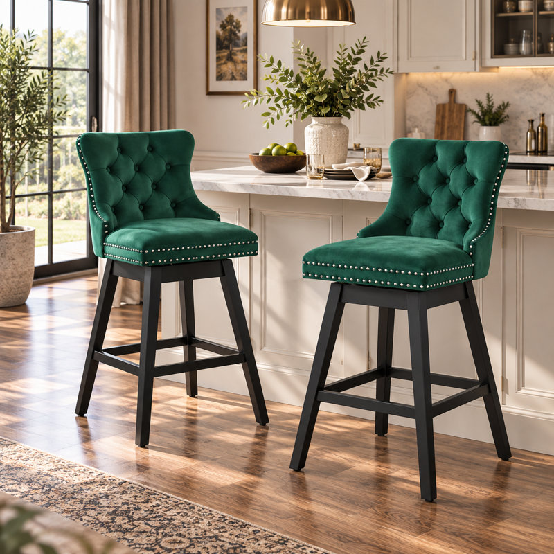  Tabouret de bar pivotant à 360 ° en velours avec dossier, garniture cloutée et pieds robustes en bois massif, fauteuil confortable pour la cuisine, la salle à manger et le restaurant