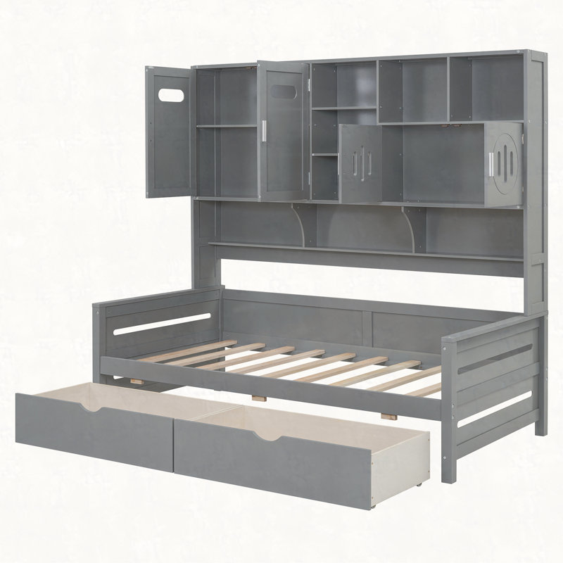Lit de jour en bois avec 2 tiroirs, armoire et tablette tout-en-un, Simple, gris