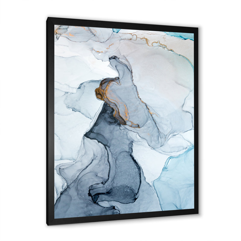 Gris et bleu marbré art ondulations - art mural moderne sur toile, H 32 po x l 16 po x P 1 po, Toile avec cadre photo noir