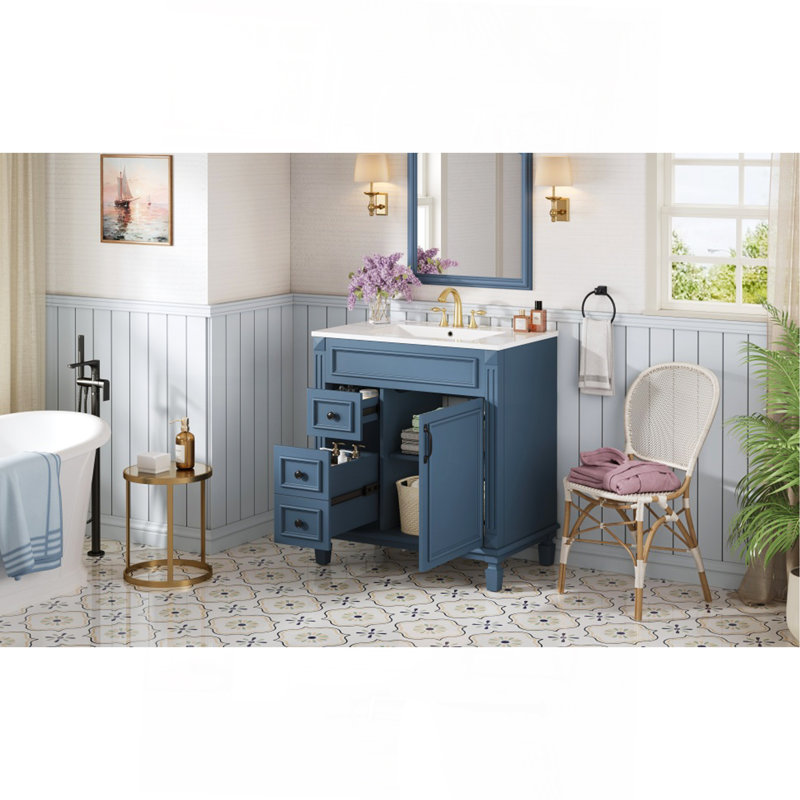 Meuble-lavabo de 30 po avec lavabo en céramique, petite armoire de salle de bain, armoire moderne avec 2 tiroirs et tablette réglable