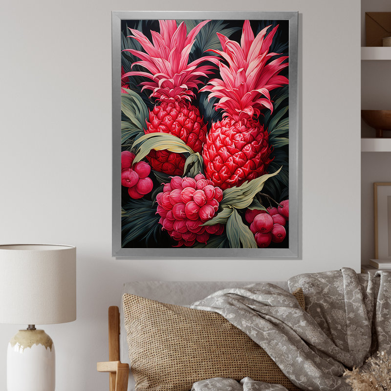 Impression rustique ananas rose II - ananas, art mural, Cadre simple argenté, H 20 po x l 12 po x P 1 po