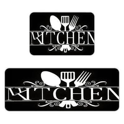 Tapis d'entrée noir et blanc pour cuisine 2 pièces