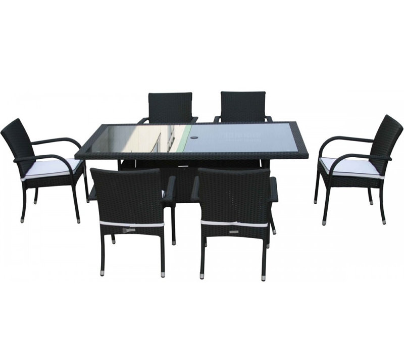 Kiska 6 - Person Patio Dining Set with Rectangular Table , Cushions Included, Black/Vanilla