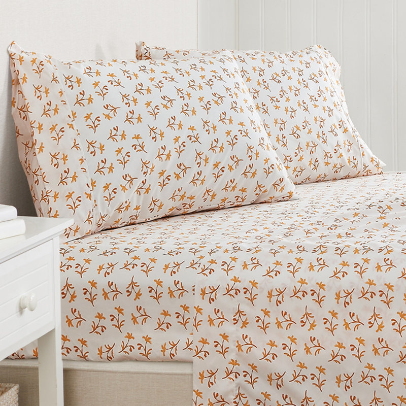Twin Size White and Orange Floral Microfiber Sheet Set