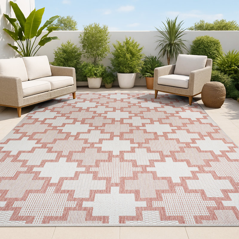 Kaliee Modern Geometric Tile Pattern Salmon/Cream Indoor/Outdoor Rug, Rectangle 7'10" x 10'