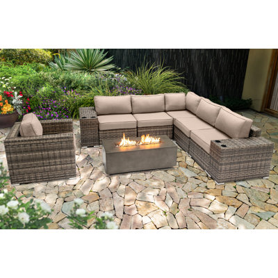 Lsi Fully Assembled 9 Pieces Sectional Seating Group With Sunbrella Cushions And Concrete Firepit