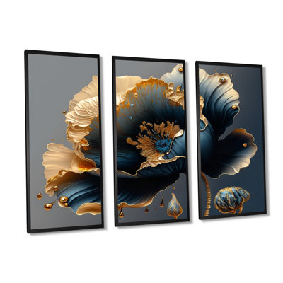 Bleu profond et or unique fleur IV - ensemble d'art mural sur toile floral et botanique