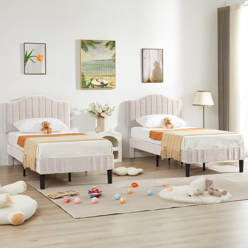 Aldora Twin Size Set Platform Bed with Adjustable Teddy Fabric Headboard, Beige