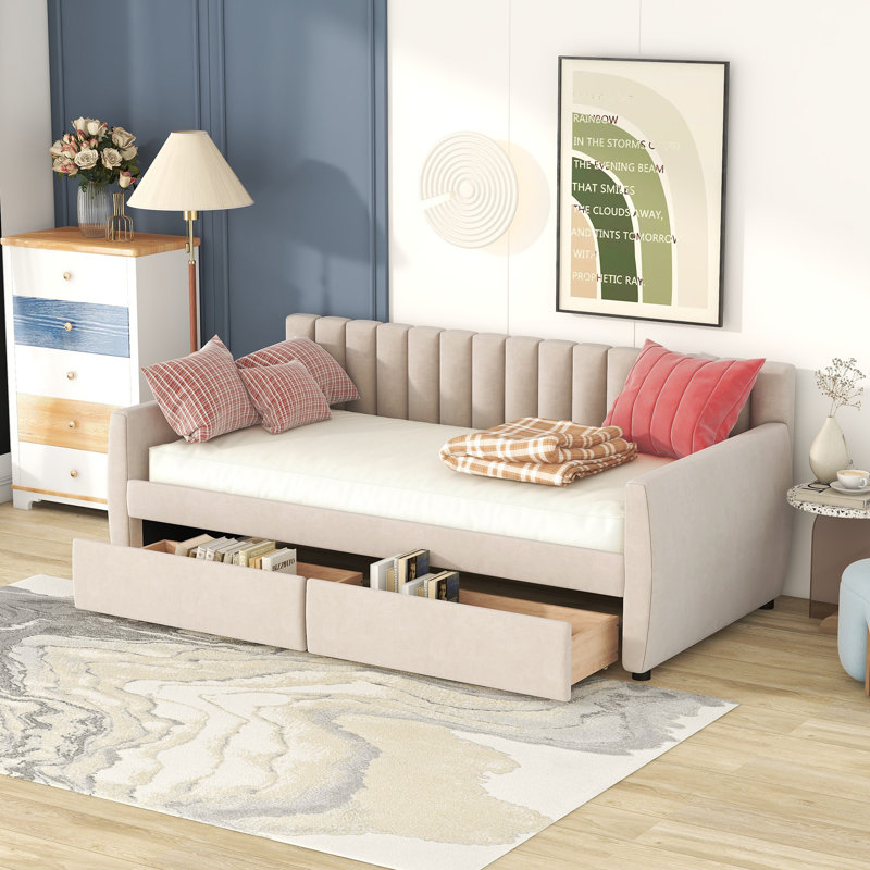 Lit de jour simple rembourré avec tiroirs et support à lattes de bois - Canapé-lit en velours pour rangement et chambre d'enfant, beige