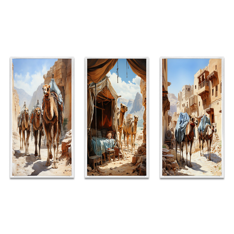 «Asian Art Silk Road», 3 pièces sur toile, Cadre blanc, H 40 po x l 60 po