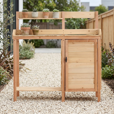 Banc de jardin tout-en-un avec rangement, évier et crochets à outils pour la cour ou la terrasse