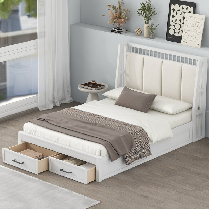 Grand lit plateforme en bois avec tête de lit tapissier et 2 tiroirs, Lit double