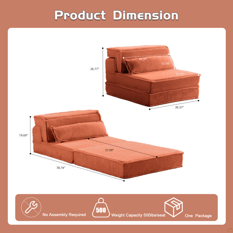 Compression Mahjong Sofa,Convertible Floor Sofa Bed,DIY Boneless Modular Sectional Sofa,No Assembly Required, Orange Fabric