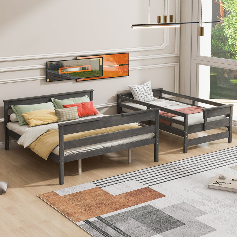 Lit superposé simple au-dessus de grand lit en bois avec échelle, cadre de lit convertible en bois massif avec garde-corps, aucun sommier tapissier requis,
