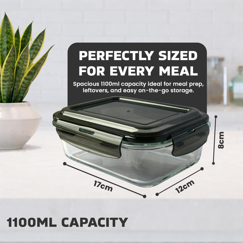 2 X Airtight Glass Food Storage Container 1100Ml Silicone Seal Plastic Lids Meal Prep Takeaway Lunch Boxes