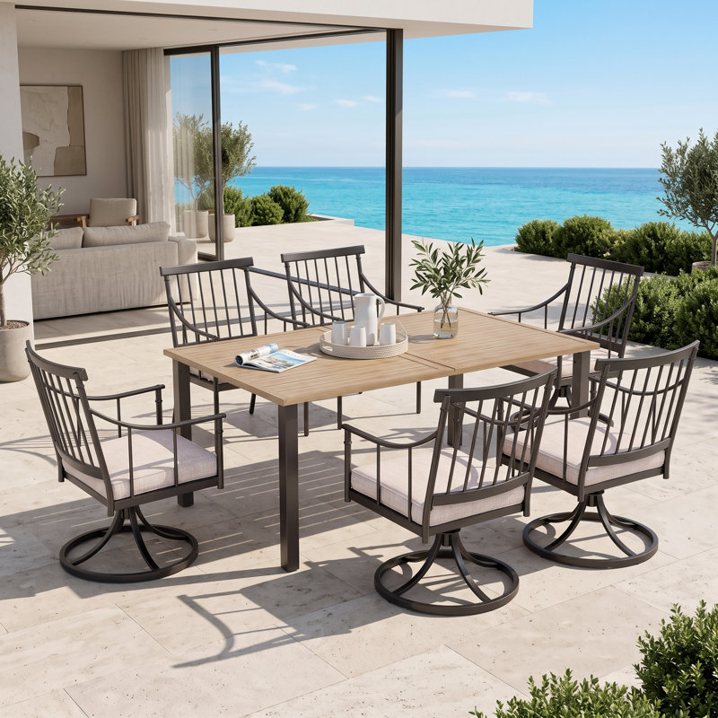 Ensemble de salle à manger de patio 6 places avec chaises pivotantes coussinées Aiona