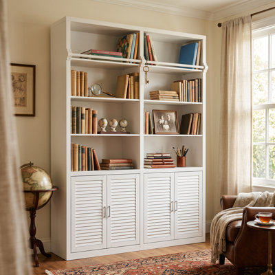 Pierce 86.6'' H X 61.4" W White Tall Bookcase With Open Shelves, 4 Louvered Cabinet Doors, Modular Library Design(Not Included Ladder)