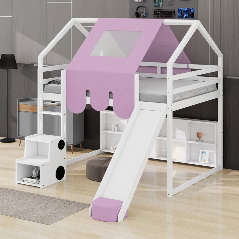Structure de lit en mezzanine avec tente, Lit double, Blanc / Rose