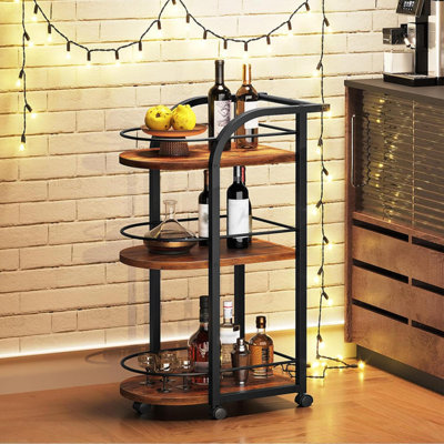 3-Tier Bar Cart With Fence & Wheels, Rustic Brown And Black Home Bar Serving Cart For Dining Room Living Room Garden Party by Trent Austin Design