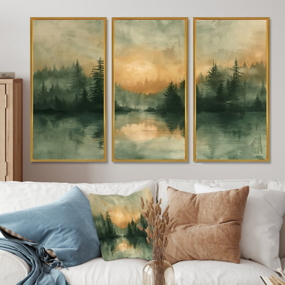 Green Yellow Sunrise Fog In The Forest III - Countryside Wall Art Living Room Set