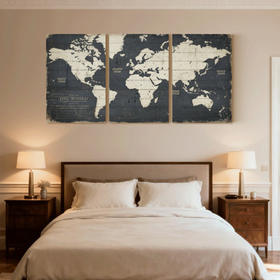 Ensemble de 3 impressions sur toile rétro carte du monde sur bois