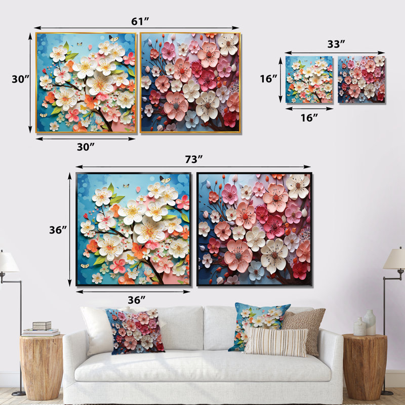 Collage de fleurs de pommier rose IV - ensemble de 2 collages floraux carrés, Cadre flottant noir, H 16 po x l 33 po